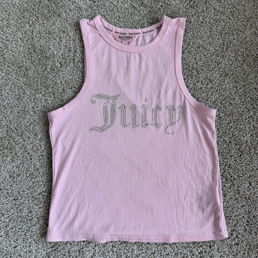 Juicy Couture Pajama Top Womens Large Pink Ribbed Cami Rhinestone Sleepwear